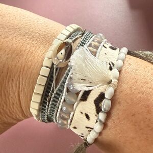 Victoria Emerson White & Gray Multi-Strand Tassel Wrap Bracelet